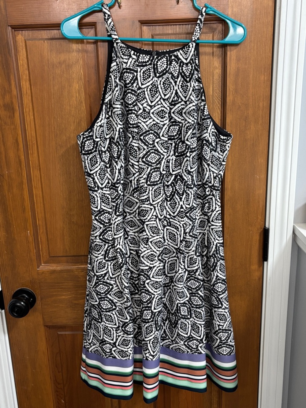 Vince Camuto Geometric Halter Fit & Flare Dress Black White Size 14